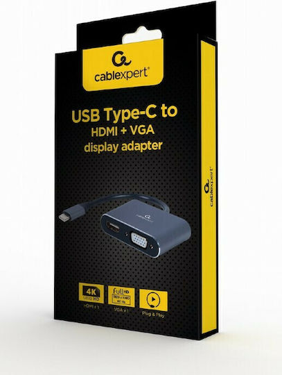 Cablexpert Конвертор USB-C мъжки към HDMI / VGA женски Сив 1бр A-USB3C-HDMIVGA-01