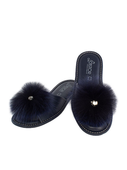 Castor Anatomic Δωρίς Anatomic Leather Women's Slippers In Navy Blue Colour