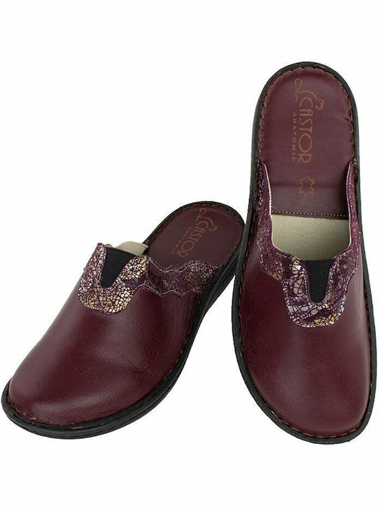 Leather Winter Women's Slippers Burgundy
