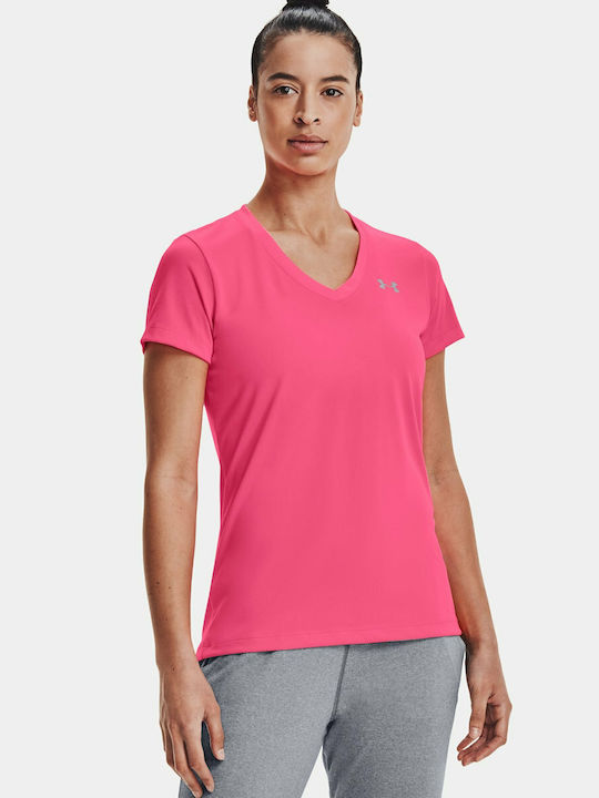 Under Armour Tech Women's Athletic T-shirt Fast Drying with V Neck Cerise