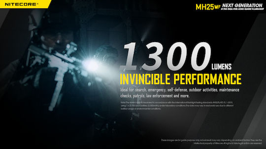 NiteCore Rechargeable Flashlight LED IP68 with Maximum Brightness 1300lm MH25V2 1 × 18650, 2 × CR123, 2 × RCR123 Black