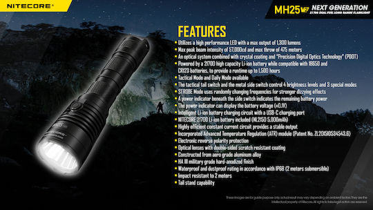 NiteCore Rechargeable Flashlight LED IP68 with Maximum Brightness 1300lm MH25V2 1 × 18650, 2 × CR123, 2 × RCR123 Black