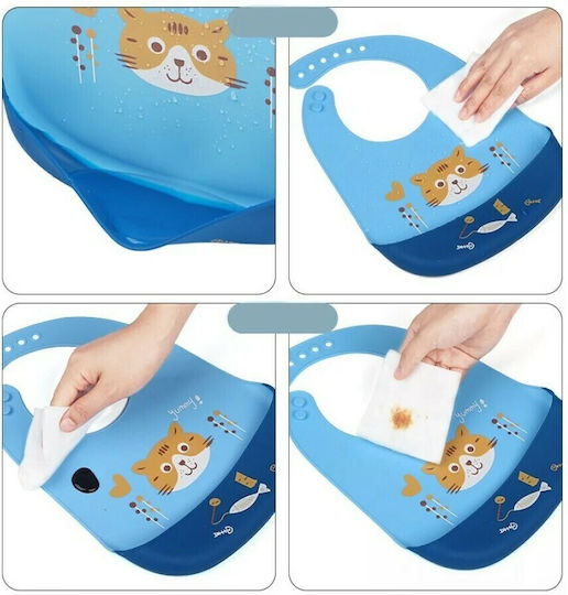 Fiko Cat Waterproof Bib Silicone with Button & Pocket Light Blue for 6 m+