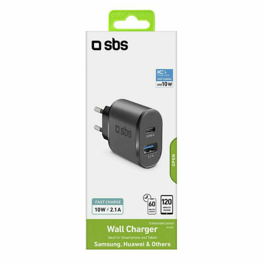 SBS Încărcător Fără Cablu cu Port USB-A și Port USB-C 15W Livrarea energiei Negruς (TETRAVUSBTC2AFAST)