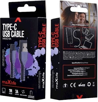 Maxlife USB 2.0 Кабел USB-C Мъжки - USB-A Лилав 1м MXUC-04CU