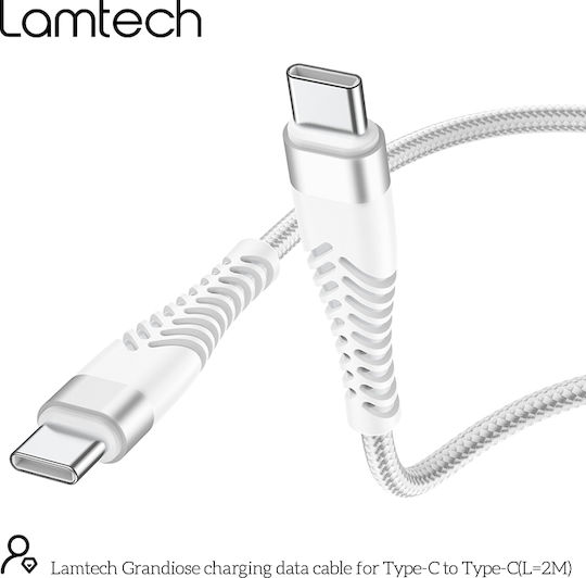 Lamtech Cablu Braided USB 2.0 USB-C Masculin - USB-C Alb 2m LAM023633