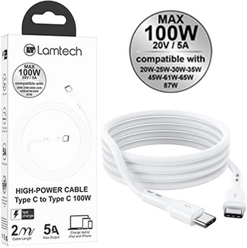 Lamtech USB 2.0 Cable USB-C male - USB-C 100W PD Λευκό 2m LAM023664