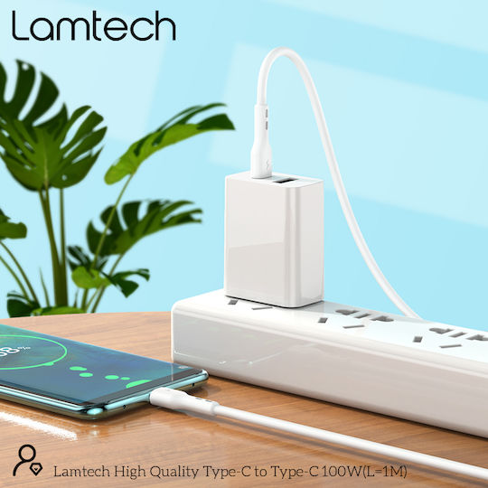 Lamtech USB 2.0 Cable USB-C male - USB-C 100W PD Λευκό 1m LAM023657