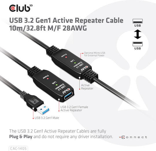 Club3D USB 3.1 Cable USB-A male - USB-A female Μαύρο 10m (CAC-1405)