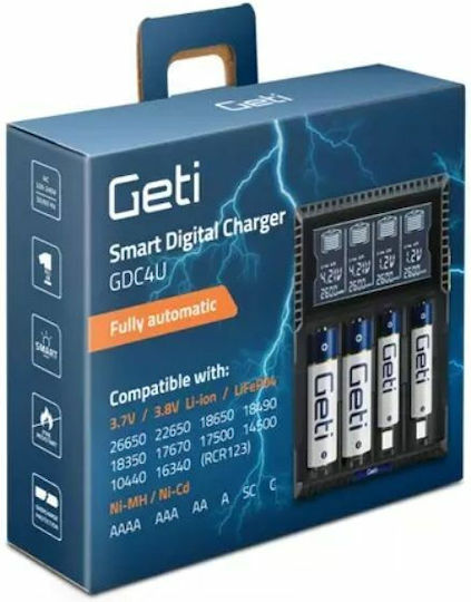 Geti GDC4U Ladegerät 4 Batterien Li-Ion/Ni-Cd/Ni-MH Größe AA/AAA/18650/16340/26650/14500