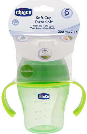 Chicco Soft Cup Educational Sippy Cup Plastic with Handles Green for 6m+m+ 200ml 06823-50