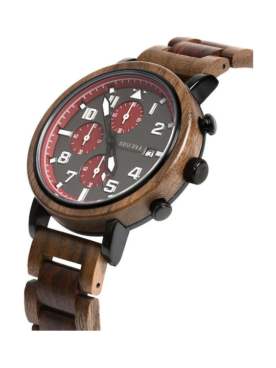 Bewell Poseidon Ανδρικό Ρολόι 43mm Χρονογράφος Μπαταρίας με Ξύλινο Μπρασελέ Brown Red
