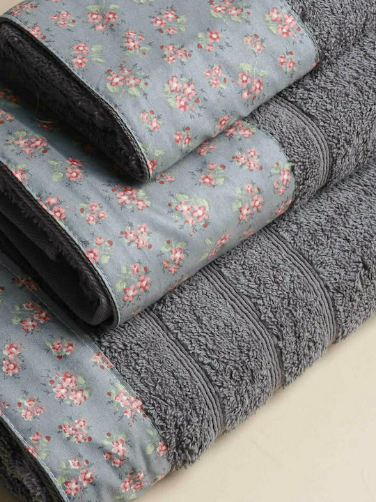 White Fabric 3pc Bath Towel Set Botanical Border Grey Weight 500gr/m²