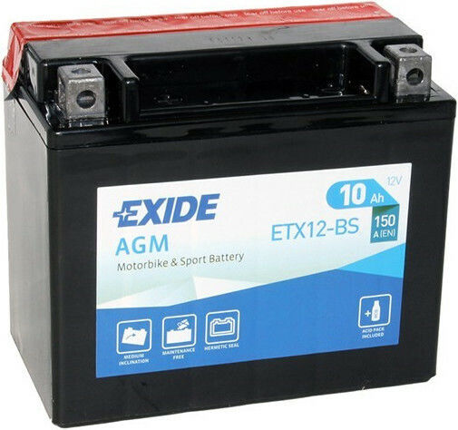Exide AGM Baterie Motocicleta YTX12-BS 150A cu Capacitatea 10Ah YTX12-BS