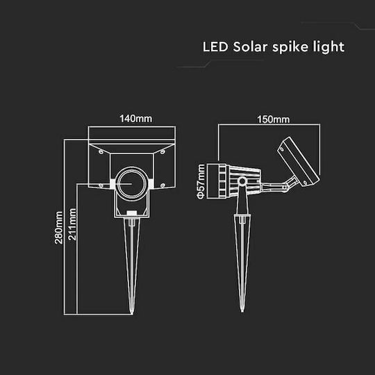 V-TAC VT-952 Spiked Solar Light 2W 40lm Natural White 4000K with Photocell IP65 14cmx15cmx28cmcm