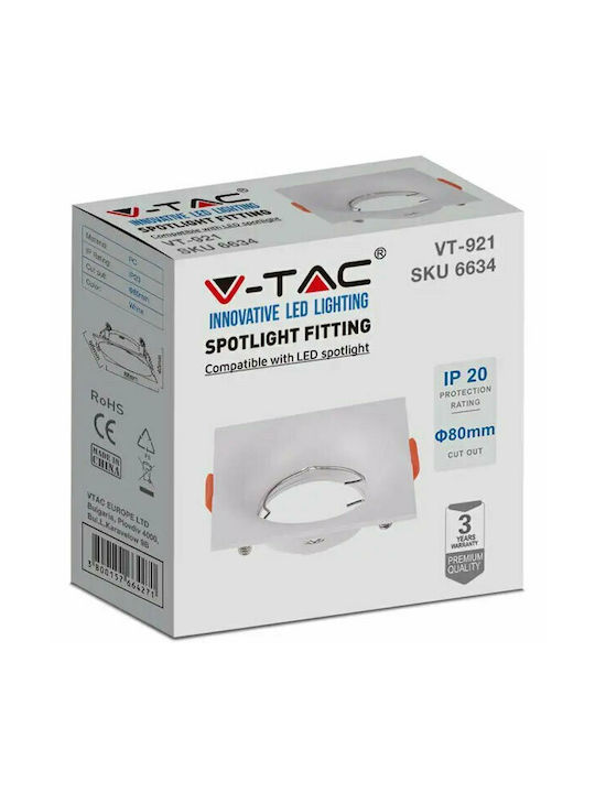 V-TAC Square Plastic Recessed Spot with Socket GU10 White 8.8x8.8cm.