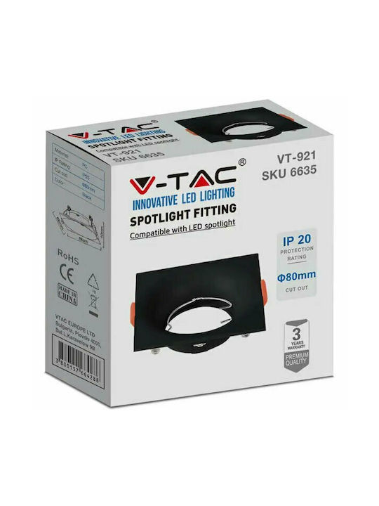 V-TAC Square Plastic Recessed Spot with Socket GU10 Black 8.8x8.8cm.