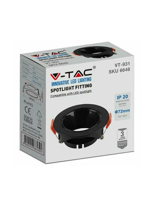 V-TAC Round Plastic Recessed Spot with Socket GU10 Black