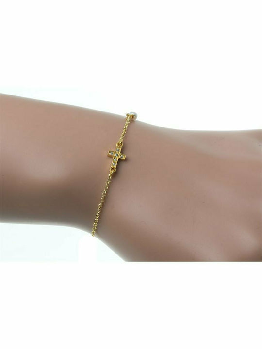 Bracelet with cross made of gold plated silver and cubic zirconia stones