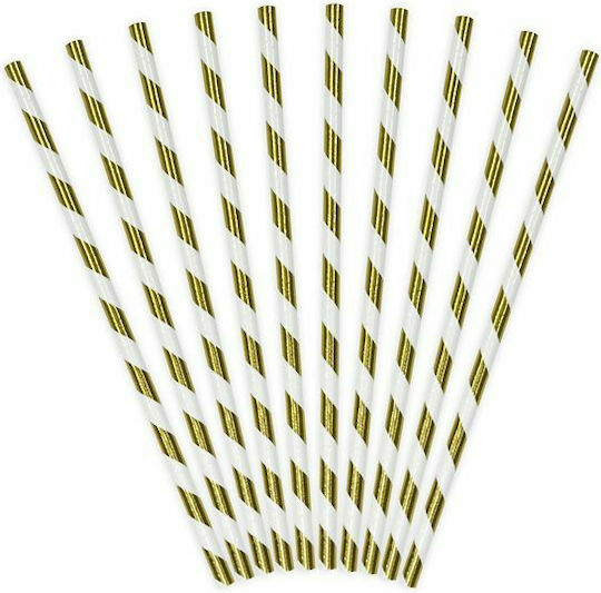 PartyDeco Stripped Gold Straws Paper 10pcs