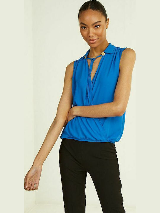 Women's Summer Blouse Sleeveless with V Neckline Blue