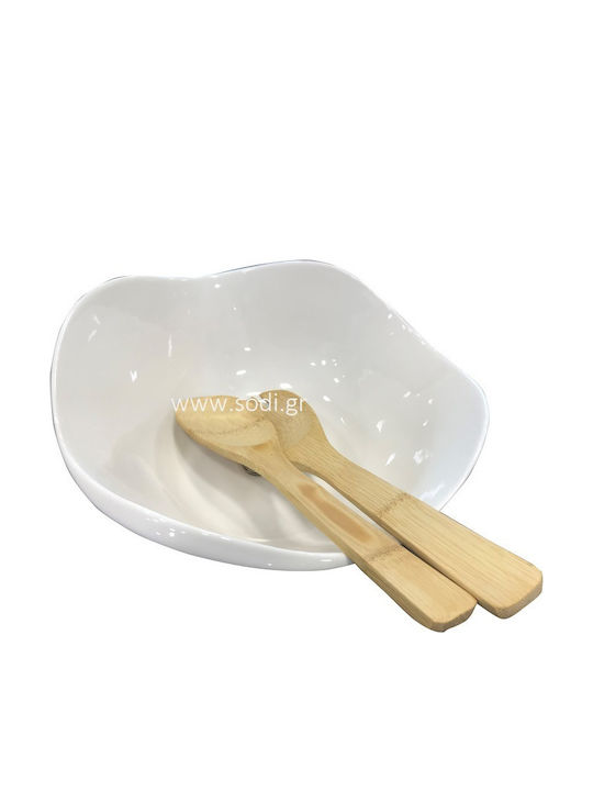 Cryspo Trio Fleur Porcelain Salad Bowl with Salad Spoons White 27x27x11cm 3pcs