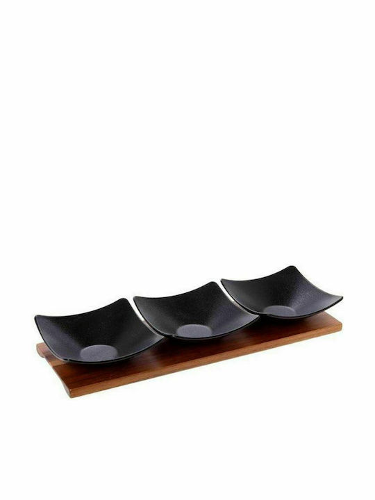 Cryspo Trio Porcelain Dessert Divided Serving Tray with 3 Slots Acacia Black 39.5x12.5cm