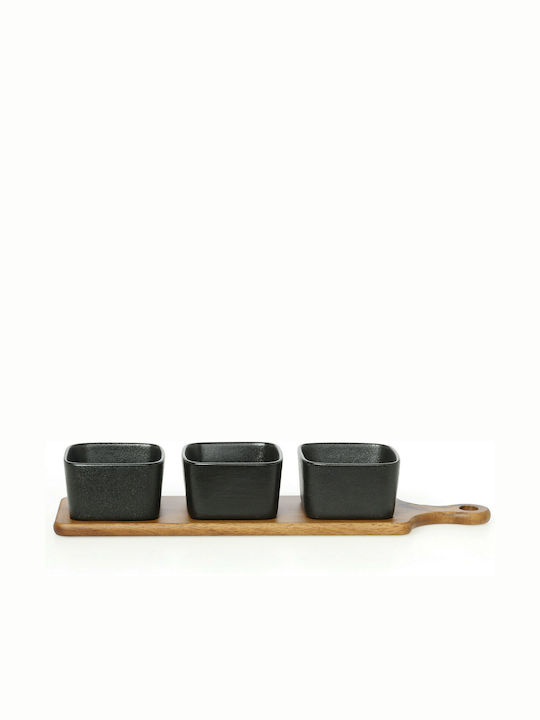 Cryspo Trio Porcelain Dessert Divided Serving Tray with 3 Slots Acacia Black 40x10.5cm 4pcs