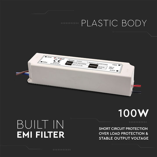 V-TAC Dimmbares LED-Netzteil Wasserdicht IP67 Leistung 100W mit Ausgangsspannung 12V