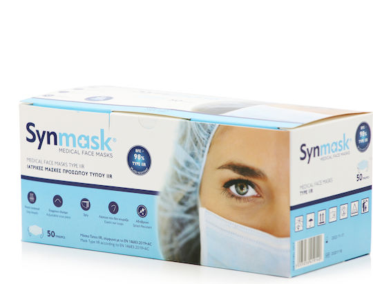 Syndesmos SynMask 3ply хирургически маски за еднократна употреба Type IIR BFE ≥ 98% Маска за защита За еднократна употреба Тип IIR Хирургически Син 50бр