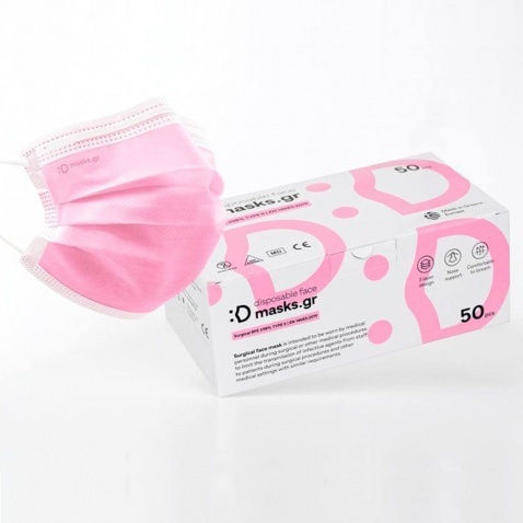 masks.gr Chirurgische Gesichtsmaske 3ply Typ IIR Schutzmaske Typ IIR Chirurgisch Rosa 50Stück