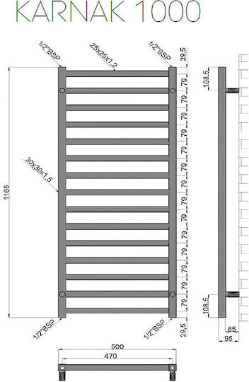 Karag Karnak Towel Rail Bathroom 1000x500 460kcal/h Silver