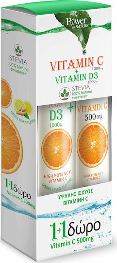 Power Of Nature Vitamin C 1000mg & Vitamin D3 1000iu Stevia + Vitamin C 500mg Vitamin for Energy & Immune Support 1000iu 1000mg Orange 2 x 22 Effervescent Tablets
