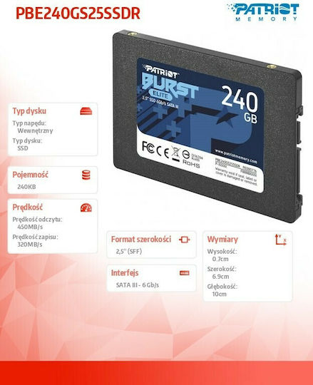 Patriot Burst Elite SSD 240GB 2.5'' SATA III Connection PBE240GS25SSDR