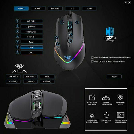 Aula F805 RGB Gaming Ποντίκι 6400 DPI Μαύρο