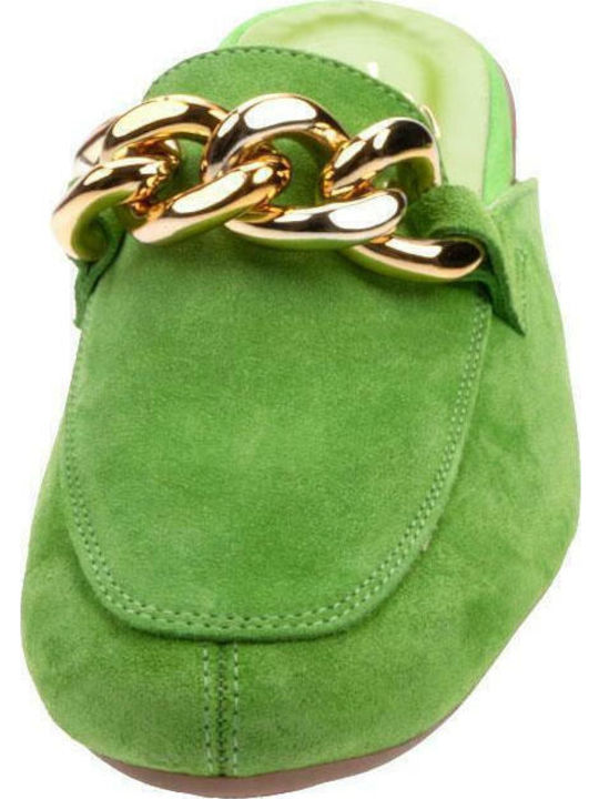 Flat Suede Mules in Green Color