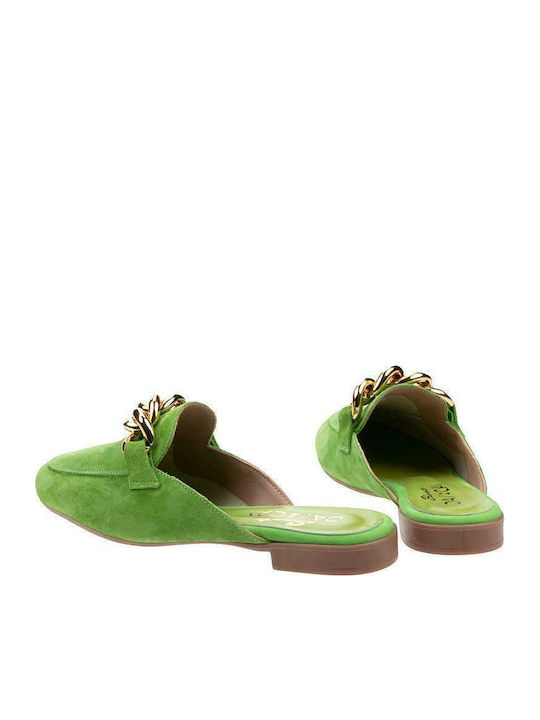 Flat Suede Mules in Green Color