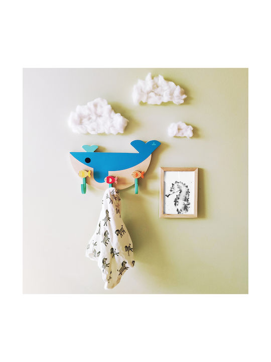 Svoora Wooden Kids Wall Mounted Hanger with Hooks Whale Polychrome 37x21x6cm