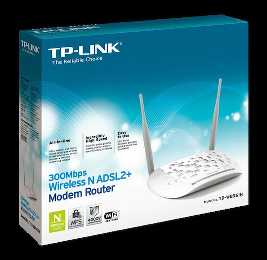 TP-LINK TD-W8961N v4 Ασύρματο ADSL2+ Modem Router Wi‑Fi 4 με 4 Θύρες