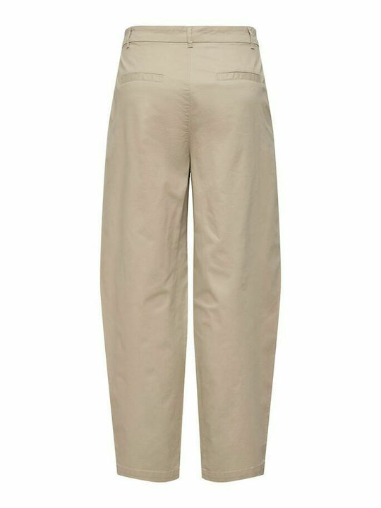 Damen Hochbund Chino Hose Baumwoll-Set in Lose Passform Beige