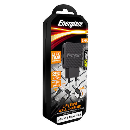 Energizer Ladegerät mit 2 USB-A Anschlüsse und Kabel USB-C Schwarzs (AC2BEULCMM)
