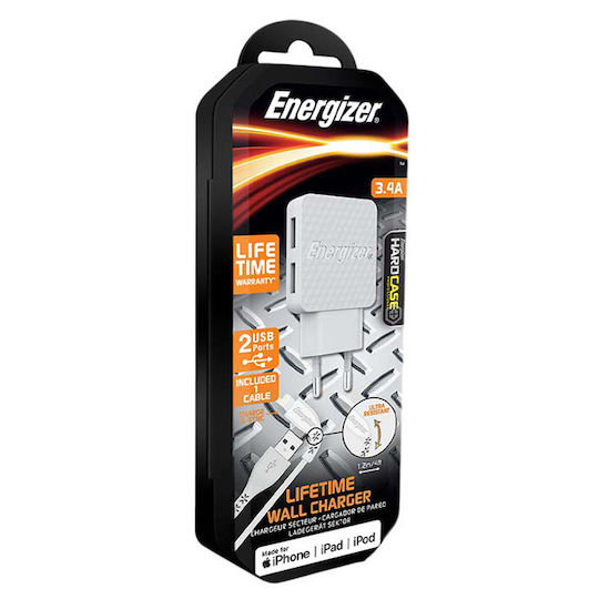 Energizer Φορτιστής με 2 Θύρες USB-A και Καλώδιο Lightning Λευκός (AC2CEULLIM)