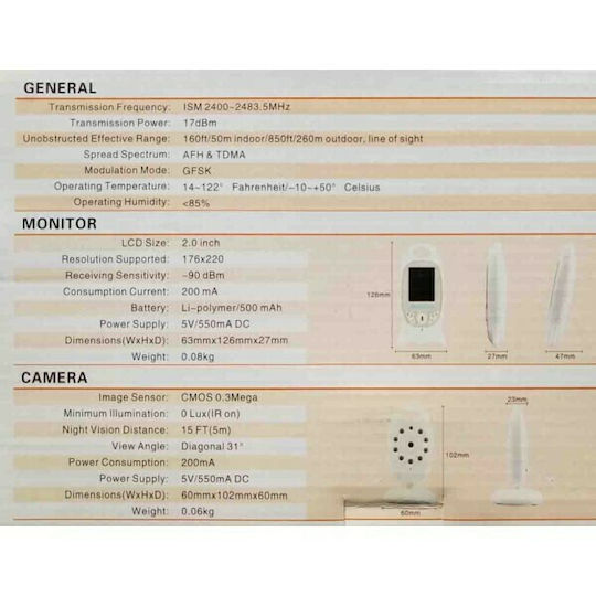 Baby Monitor Wireless Baby Monitor with Camera & Screen 2" , Two-way Communication & Lullabies