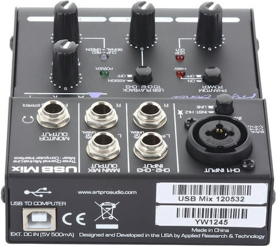 ART Pro Audio USB Mix Αναλογική Κονσόλα 3.0 Καναλιών με Phantom Power & 1 Εισόδο XLR