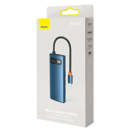 Baseus Metal Gleam Series 6in1 USB-C Docking Station with HDMI 4K PD Ethernet Blue