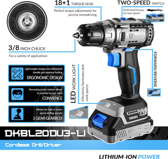 Deko DKBL20DU3-S3 Двигател За Бормашина На Батерия Безчетков 20V 2x2Ah