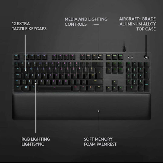 Logitech G513 Carbon Гейминг Механична Клавиатура с GX Blue суичове и RGB подсветка (Английски US) Черен