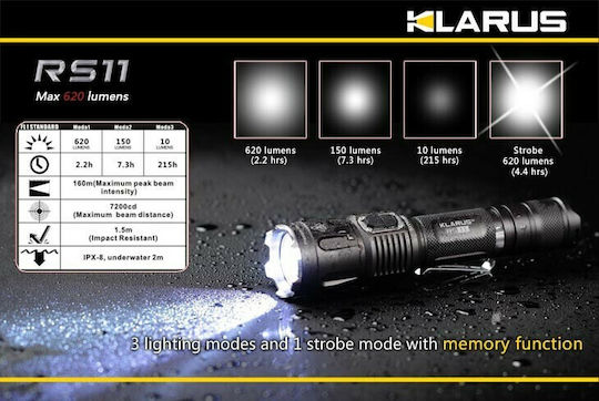Klarus Rechargeable Flashlight LED IPX8 with Maximum Brightness 620lm