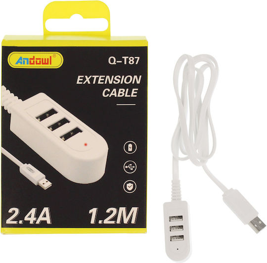 Andowl USB-Hub mit 3 Anschlüssen USB 2.0 mit USB-A Anschluss Weiß