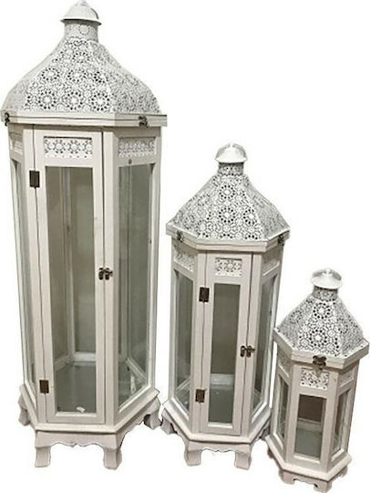 Inart Floortop Wooden Lanterns Set White 3pcs